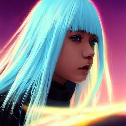 Image similar to profile shot of rimuru tempest, sky blue hair, straight hair, pretty, long bangs, amber eyes, all black jacket with white stripes, high collar, highly detailed, unreal engine 5, color block, digital painting, concept art, cinematic, wlop | artgerm, pixiv, greg rutkowski, ilya kuvshinov, andy warhol