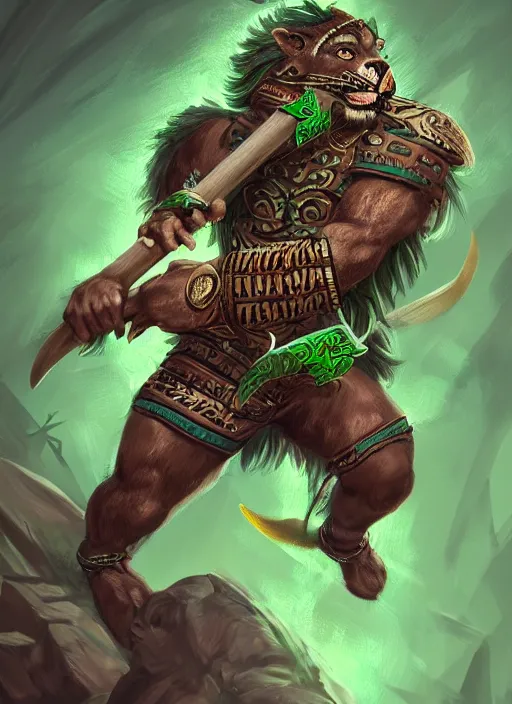 Prompt: a highly detailed illustration of fierce young aztec jaguar warrior boy wearing green jaguar mane, heroic roaring wielding aztec macuahuitl pose, muscular, intricate, elegant, highly detailed, centered, digital painting, artstation, concept art, smooth, sharp focus, league of legends concept art, wlop