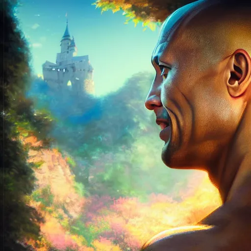 Prompt: dwayne johnson as a beautiful young girl in seductive clothing by ross tran, walking in a castle painted by sana takeda, rtx reflections, very high intricate details, painting, digital anime art, medium shot, mid - shot, composition by ilya kuvshinov, lighting by greg rutkowski