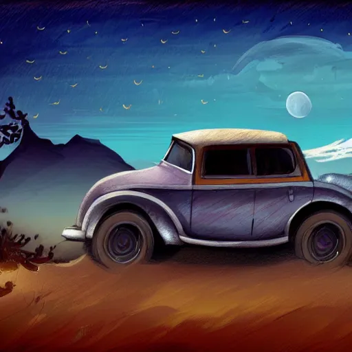 Image similar to car driving up mountain at night with moon in the sky, desert, old car, sketch, concept art, fantasy, intricate, highly detailed, digital painting, elegant