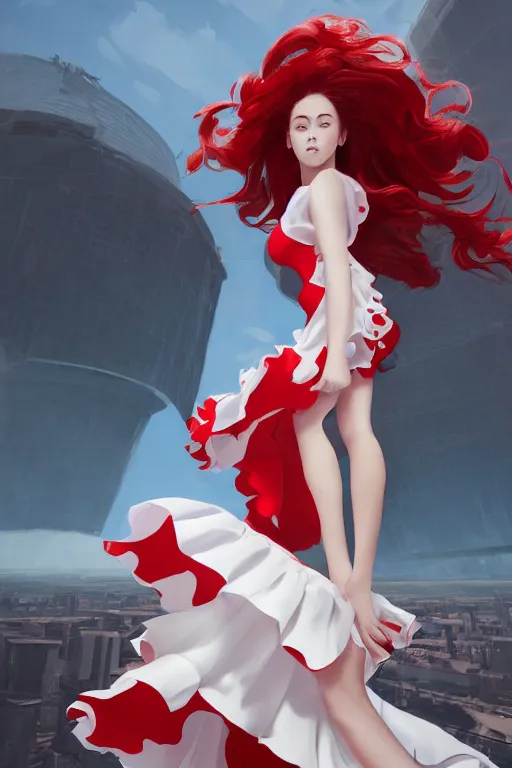 Prompt: the beautiful white frilled red dress girl standing in the hyper big and tall tower, looking at the camera, seductive pose, low angle, highly detailed, digital painting, artstation, concept art, smooth, sharp focus, illustration, Unreal Engine 5, 8K, art by Hiroaki Samura and Jiro Matsumoto