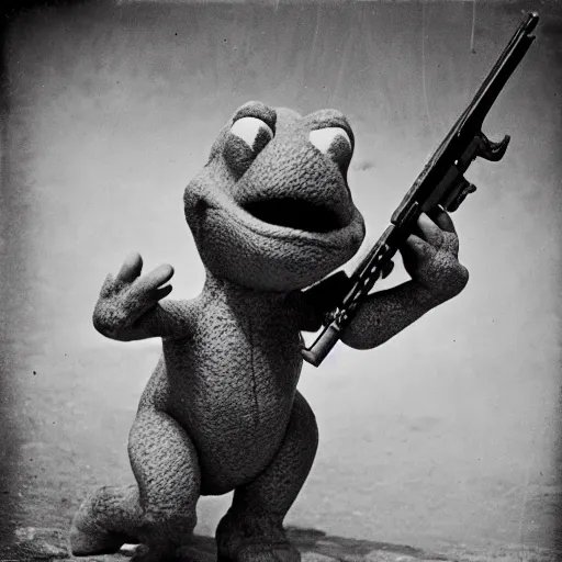 Image similar to Barney the dinosaur holding a rifle during world war 2, realistic, 35mm photograph