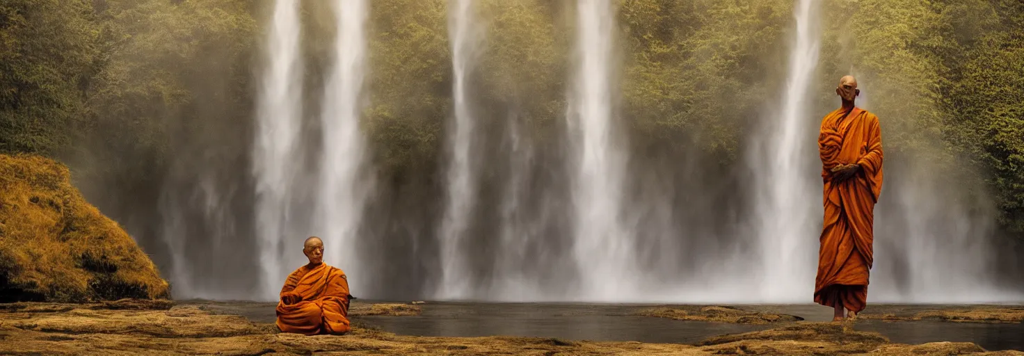 Prompt: dang ngo, annie leibovitz, steve mccurry, a simply breathtaking shot of mediating monk in black, giantic waterfall, golden hour, golden ratio, wide shot, symmetrical