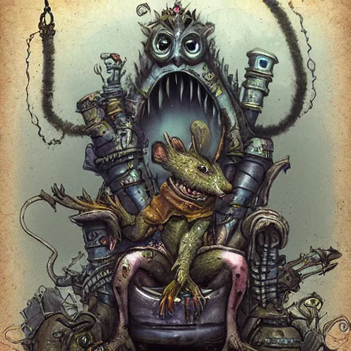 Image similar to murky sewer scene with an evil rat king sitting on a throne and grinning, surrounded by other rats. trending on artstation, fantasy illustration, rat people, extremely detailed