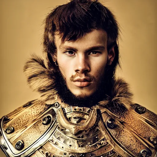 Prompt: a portrait of a beautiful young viking male wearing an alexander mcqueen armor , photographed by andrew thomas huang, artistic