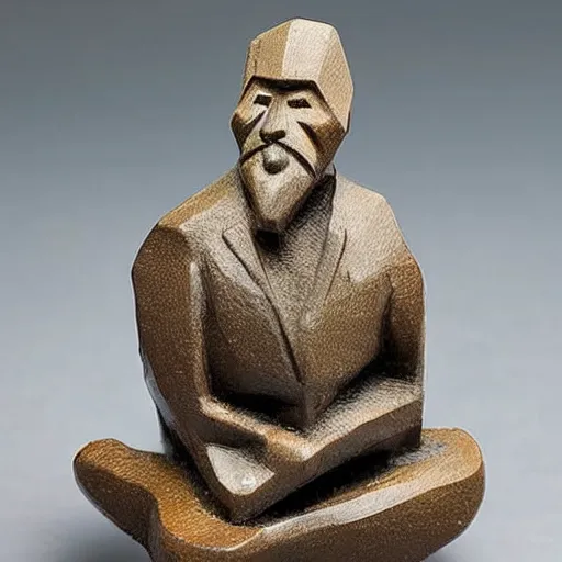 Prompt: stunning intriguing polished figurine of man sitting on the floor in a shape of a building by antoni gaudi by roerich in clean minimal style museum