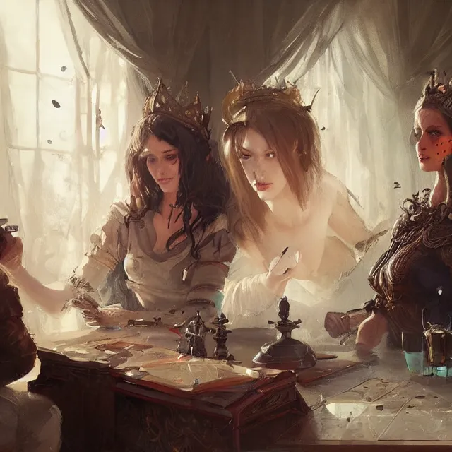 Image similar to a painting of two queens playing games by greg rutkowski, dark fantasy art, high detail, trending on artstation