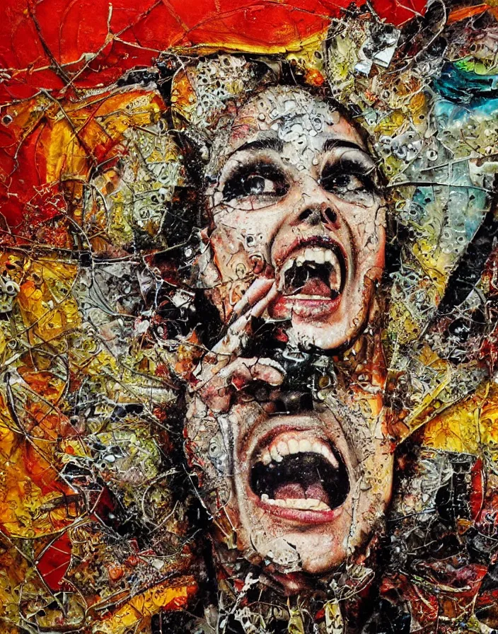 Prompt: screaming dynamism of icon detailed and highly reliefed analogue mixed media collage with canvas texture in style of conteporary art, punk art, photorealistic, expressionism, masterpiece, perfect composition, photorealistic beautiful face, spectacular quality, intricate oil details, shattered glass textures