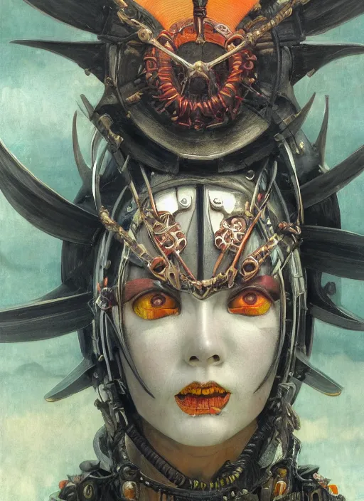 Image similar to symmetry! middle closeup chamber portrait of a biblical diabolical pirate geisha, stylish leather armor, pirate ship, heavy eyes to the side, closeup, bright glowing eyes, in clouds, rain, sunset, by gerald brom, by mikhail vrubel, by peter elson, muted colors, extreme detail, mirrors, trending on artstation, 8 k