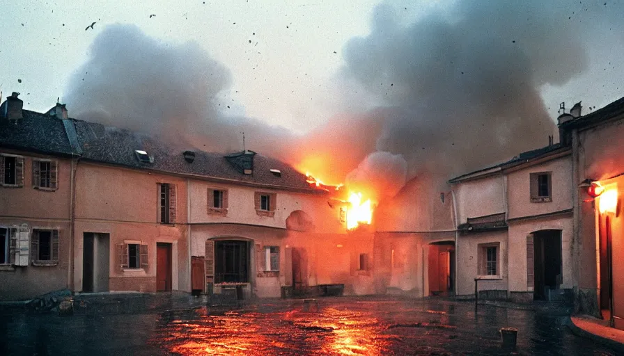 Image similar to 1 9 7 0 s movie still of a heavy burning french style townhouse in a small french village by night, rain, heavy smoke, cinestill 8 0 0 t 3 5 mm, heavy grain, high quality, high detail, dramatic light, anamorphic, flares