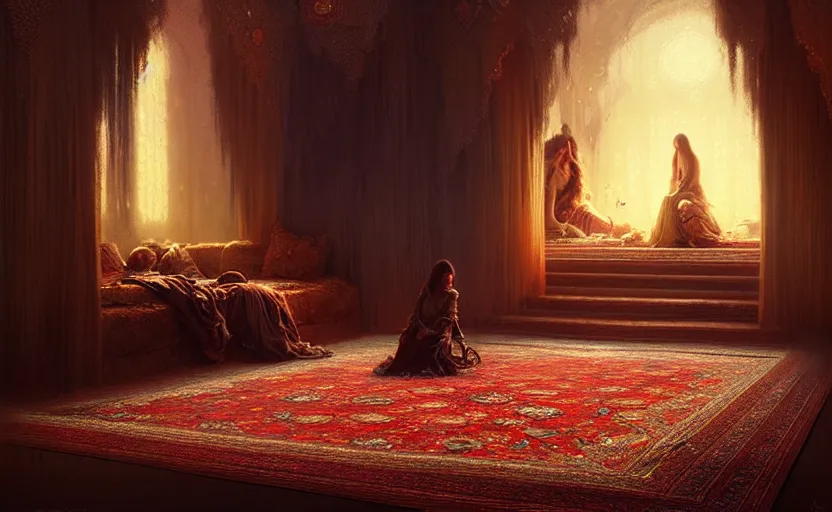 Image similar to magic fluffy Persian carpet dimension, by Greg Rutkowski and Gaston Bussiere, dim lighting, beautiful volumetric-lighting-style atmosphere, surreal atmosphere, intricate, detailed, photorealistic imagery, artstation