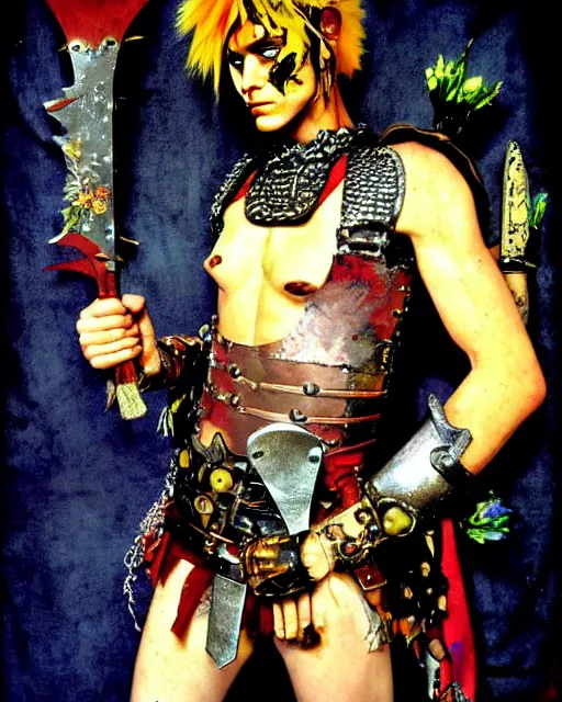 Image similar to portrait of a skinny punk barbarian wearing armor by simon bisley, john blance, frank frazetta, fantasy, thief warrior, floral flowers colorful