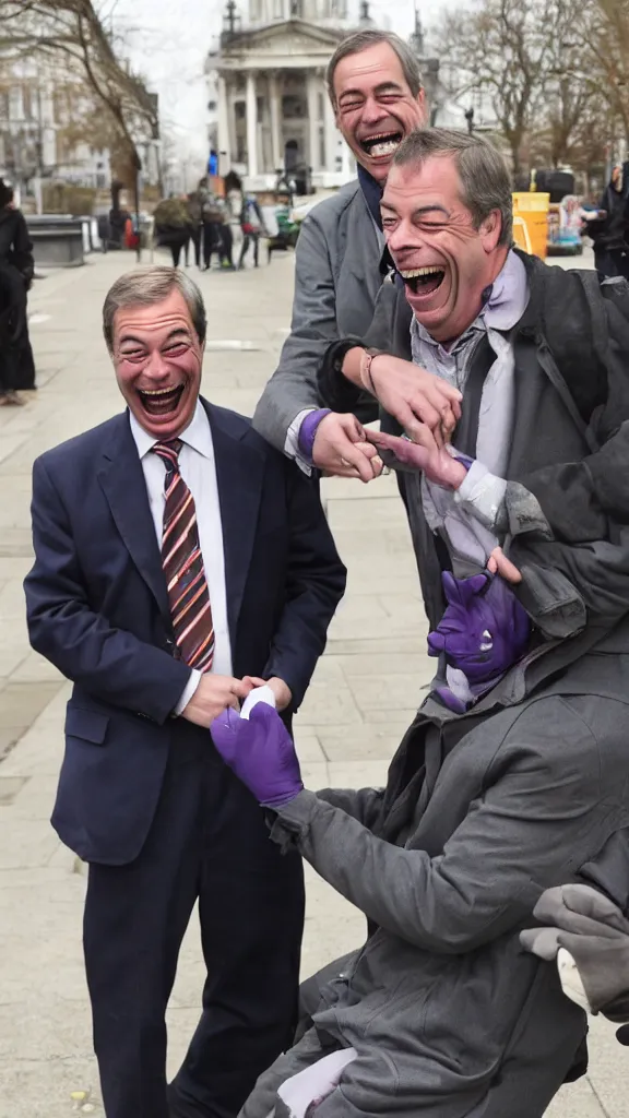 Image similar to nigel farage laughing maniacally at homeless person