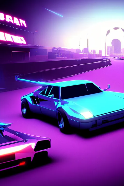 Prompt: quantum entanglement的synthwave sports car ,by Austin English ,cinema lighting,Game scene graph , very high detailed Unreal engine, in the style of a 70s science fiction novel cover