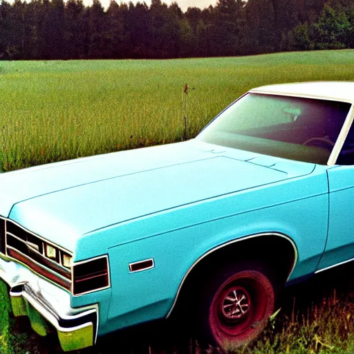 Image similar to A photograph of a (((((rusty, worn out, broken down, beater))))) Powder Blue Dodge Aspen (1976) in a farm field, photo taken in 1989