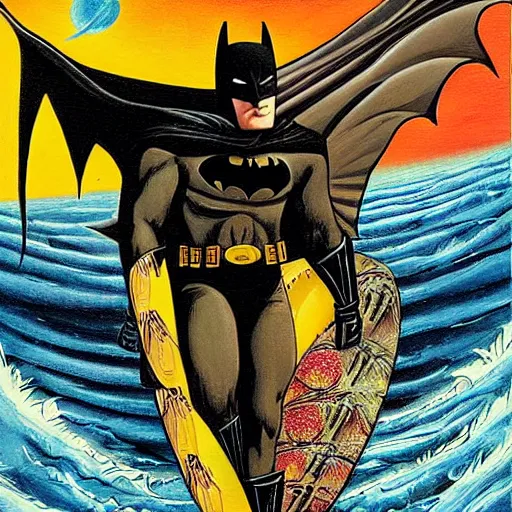 Image similar to batman surfing across the infinite cosmos, surfboard, grand scale, painting by h. g. giger