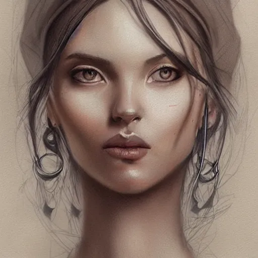 Prompt: a beautiful hyper realistic portrait pencil sketch from a picture of a french nubile with stoic attitude by peter mohrbacher technical drawing blueprint diagram