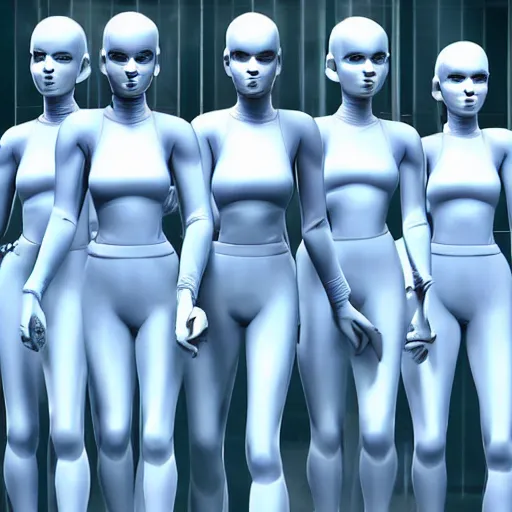 Image similar to troop of cloned women with white bob hairdos, tight light blue neopren suits, futuristic cloning facility, sci - fi, highly detailed, cinematic