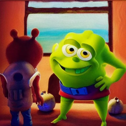 Prompt: shreck vs sponge bob, dramatic light, oil painting