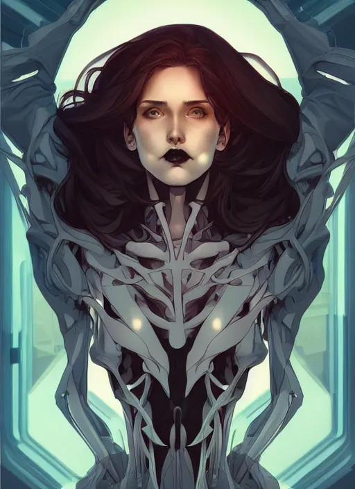 Image similar to artgerm, joshua middleton comic cover art by aigoworld, triangular skeletal calcium fungus lich, full body, symmetrical eyes, symmetrical face, long curly black hair, cyborg, warm colors