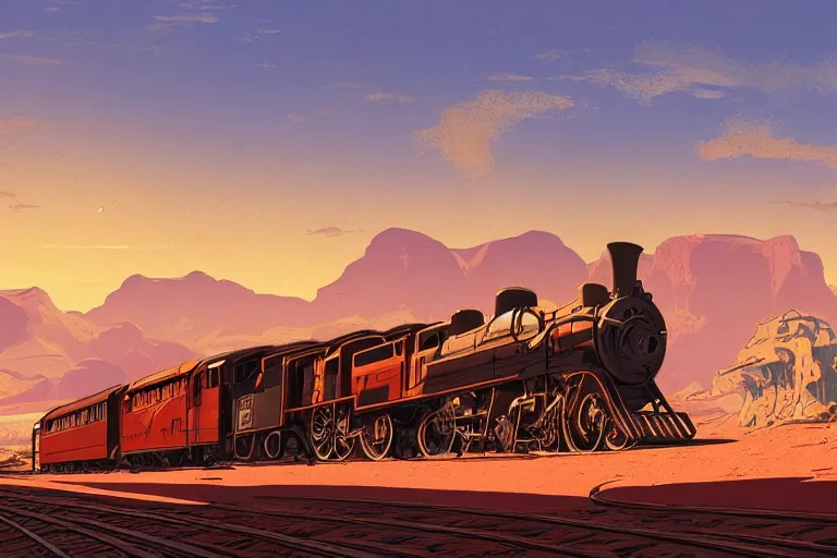 Image similar to idyllic old western train station illustration by syd mead, artstation, 4 k, graphic novel, concept art, matte painting, steam engine, beautiful mountain desert sunset background, golden hour