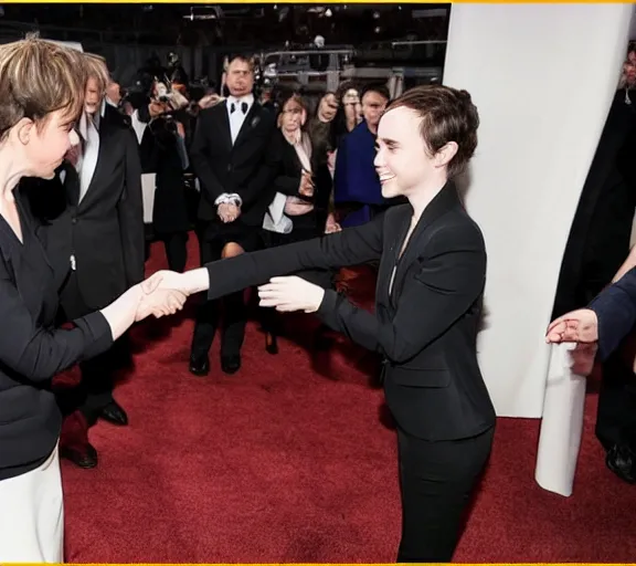 Prompt: Ellen Page shakes hands with Elliot Page, professional press photo