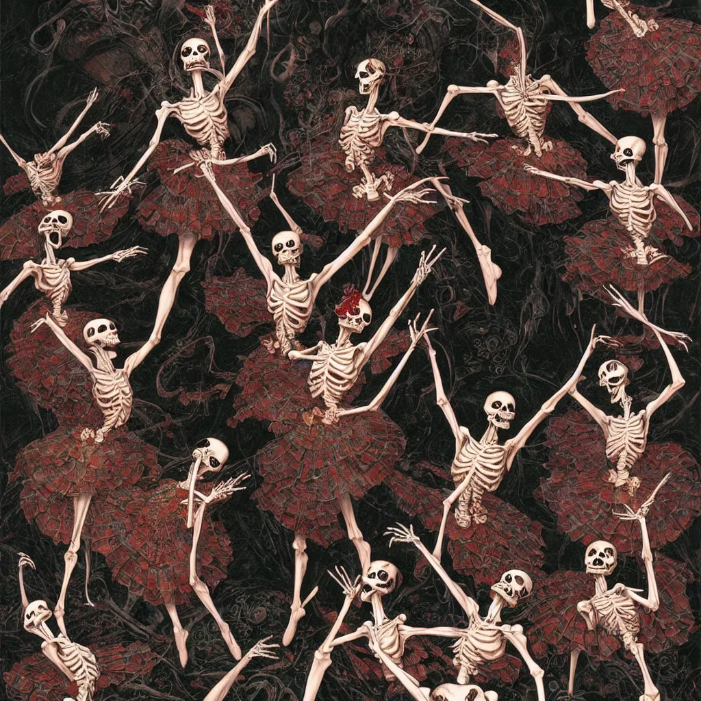 Prompt: realistic detailed image of four skeleton ballerinas performing swans lake ballet on dark background by Ayami Kojima, Amano, Karol Bak, Greg Hildebrandt, and Mark Brooks, Neo-Gothic, gothic, rich deep colors. Beksinski painting, part by Adrian Ghenie and Gerhard Richter. art by Takato Yamamoto. masterpiece