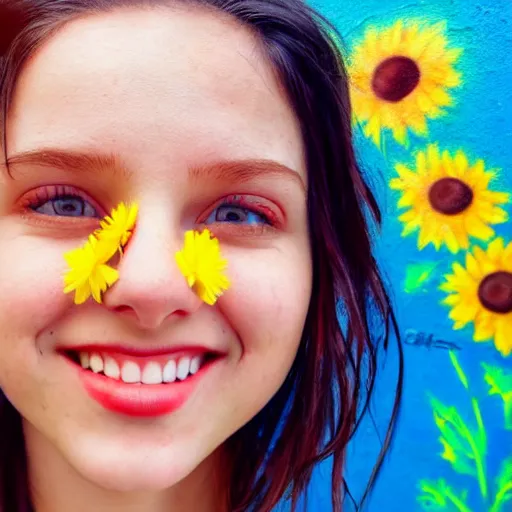 Image similar to Portrait, Graffiti of a Ukrainian girl Smiling at the camera, Beautiful pretty young, flowers in her dark hair, Scene: Sunflower field, Colors: Yellow sunflowers, blue cloudy sky, In a style of Graffiti tag