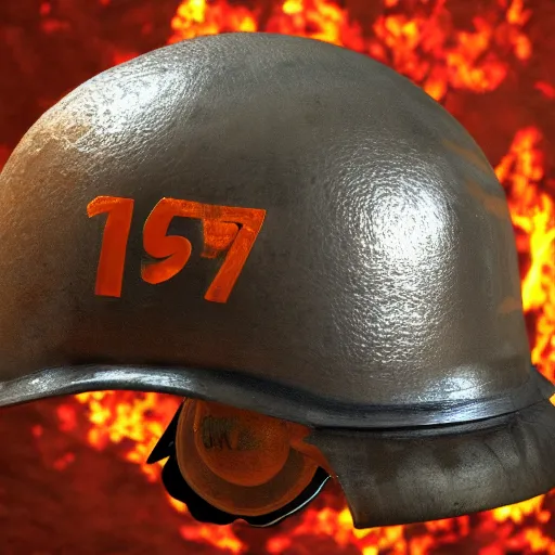 Image similar to 1969 US Army Helmet, 3d model, jungle on fire in the background, 8k, 3d render