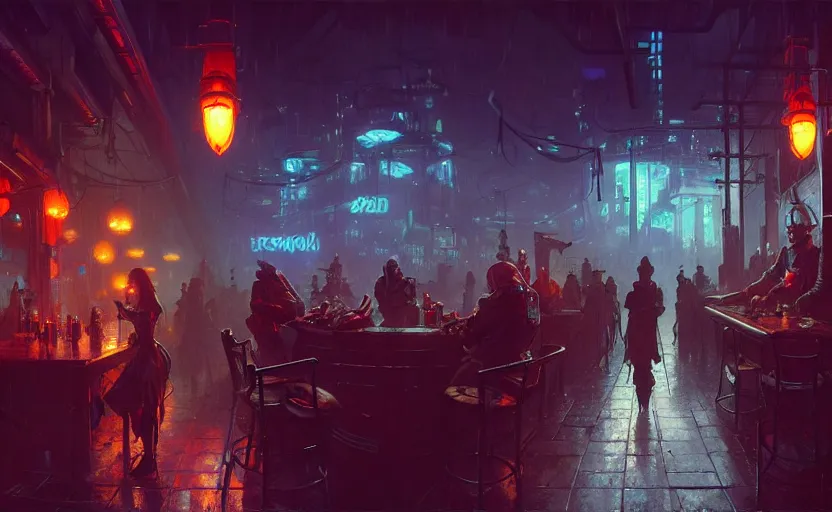 Image similar to a cyberpunk tavern with rainy and moody cinematic lighting by darek zabrocki and greg ruthkowski, alphonse mucha, simon stalenhag and cinematic and blue cold atmospheric, concept art, artstation, trending on artstation