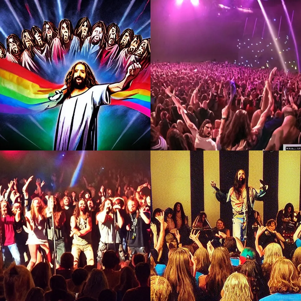 Prompt: Jesus sings in a power metal band, rainbow, crowd of humans