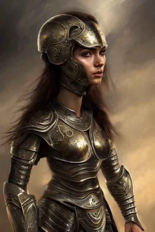 Image similar to a photo-realistically painted portrait of an attractive young girl, partially clothed in metal-plated battle armor, abstract background, flawless olive skin, fair complexion, long dark hair, beautiful bone structure, perfectly symmetric facial features, perfect photorealistic eyes, natural physique, intricate, elegant, digital painting, concept art, finely detailed, beautifully illustrated, sharp focus, minimal artifacts, volumetric lighting, from Metal Gear, by Ruan Jia and Mandy Jurgens and Artgerm and William-Adolphe Bouguerea, in the style of Greg Rutkowski, trending on Artstation, award winning art