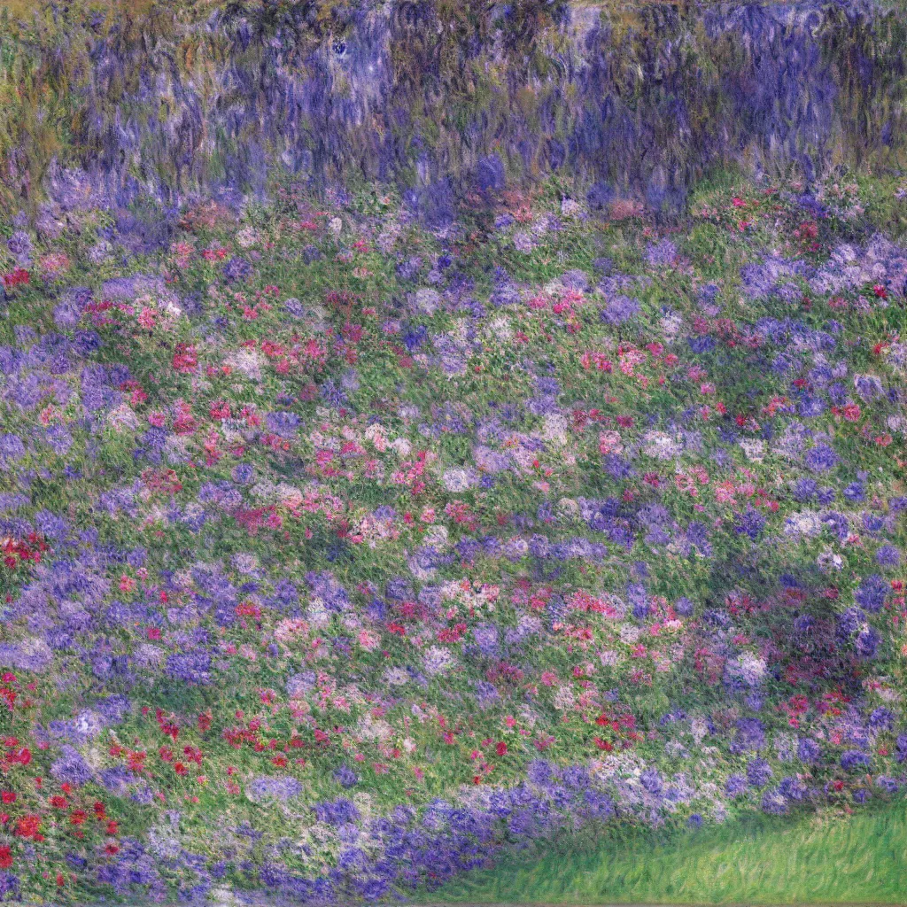 Image similar to a gorgeous garden on the edge of a cliff filled with beautiful flowers of blue and violet and pink, monet