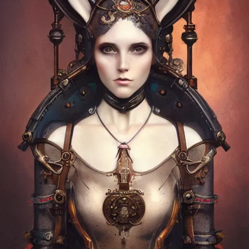 Prompt: tom bagshaw, curiosities carnival, soft paint of a single beautiful female in a full steampunk armor, rabbit - ear helm ornate, symmetry accurate features, focus, very intricate ultrafine details, award winning masterpiece