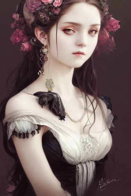 Image similar to portrait of radical lolita girl, dreamy and ethereal, dark eyes, peaceful expression, ornate goth dress, dark fantasy, chaotic, elegant, black crows flying, highly detailed, digital painting, artstation, concept art, smooth, sharp focus, illustration, art by artgerm and greg rutkowski and alphonse mucha