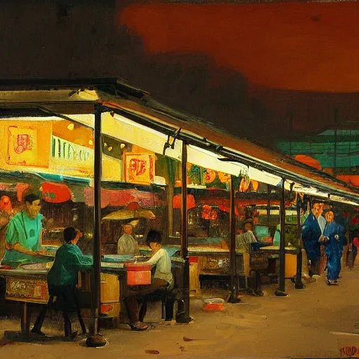 Image similar to a hawker centre at night, by tom lovell