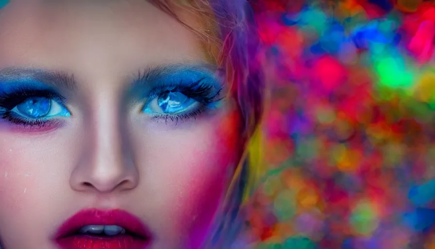 Image similar to beautiful eyes and lips with a colorful background, cinematic lighting, establishing shot