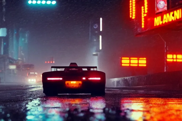 Prompt: a 1 9 7 8 mclaren f 1, speeding down tokyo highway in the rain, night time, neon lights, thunderstorm, movie still from the movie bladerunner 2 0 4 9