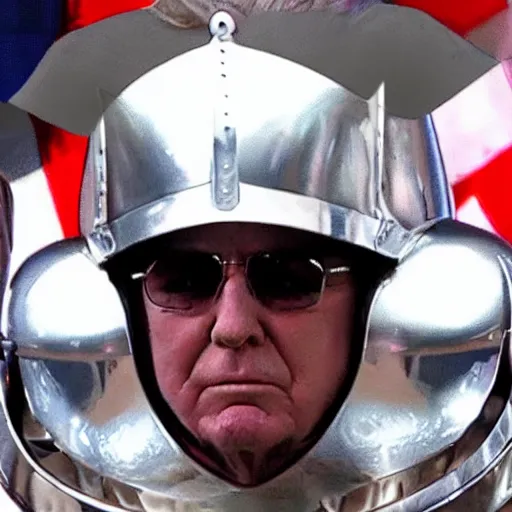 Prompt: donald trump as a knight, shinning armor, open visor helmet