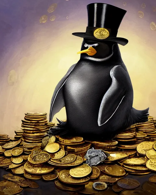 Prompt: oil painting of steampunk penguin wearing top hat sitting on pile of gold, full body, sharp focus, fantasy style, pile of gold coins on the ground, golden steampunk treasury background, octane render, volumetric lighting, 8k high definition, by greg rutkowski, highly detailed, trending on art Station