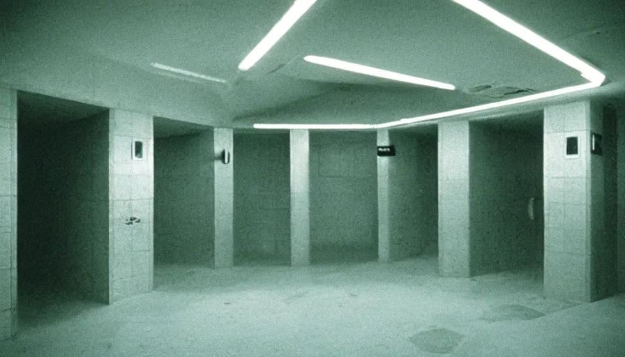 Image similar to 60s movie still of empty public showers in a Infinite tunnel, cinestill 800t 50mm eastmancolor, liminal Space style, heavy grain-s 150