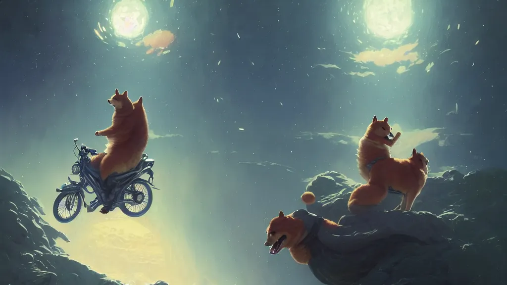 Image similar to Highly detailed portrait of Elon musk riding a shiba inu, Stephen Bliss, unreal engine, fantasy art by Greg Rutkowski, Loish, Rhads, ferdinand knab, Makoto Shinkai and Lois van baarle, ilya kuvshinov, rossdraws, Tom Bagshaw, alphonse mucha, global illumination, radiant light, detailed and intricate environment