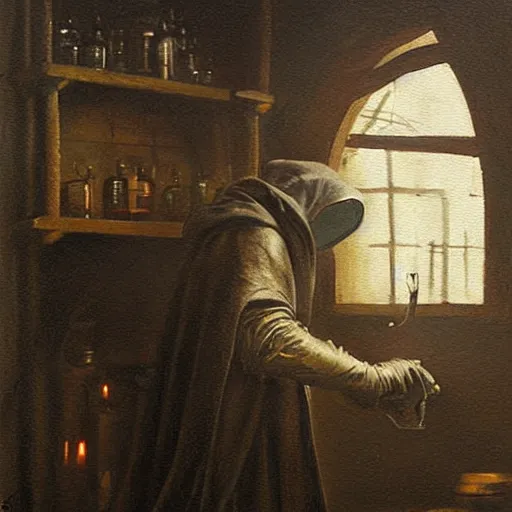 Prompt: plague doctor working in medieval apothecary, oil painting, by Greg Rutkowski