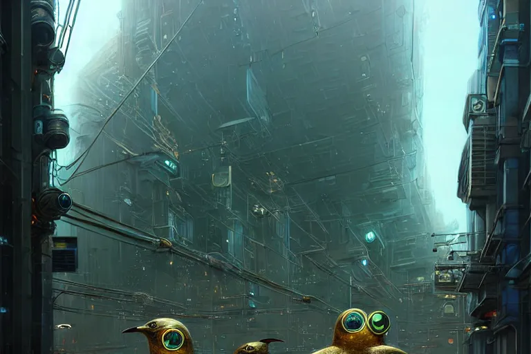 Image similar to A solarpunk very highly detailed Anthropomorphic cybertronic penguin with very highly detailed face on the street of a very highly detailed solarpunk sci-fi city digital rational painting art by Greg Rutkowski, sci-fi highly detailed, digital concept art, Dimensional cyan gold natural light, sharp focus, Golden Ratio illustration, realistic concept art by Stephen Hickman and James Gurney and Hiromasa Ogura Ghost in the Shell rendered in VRAY, From the distance