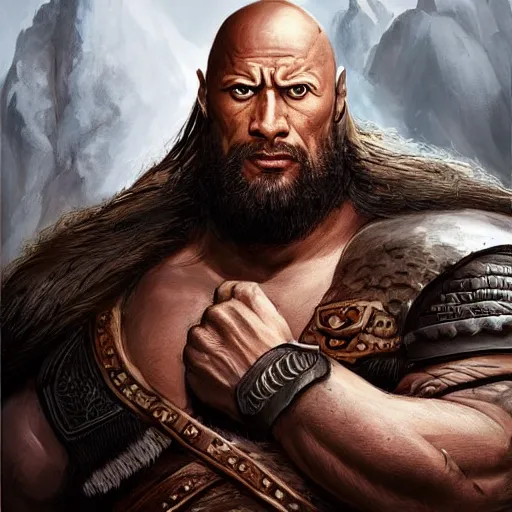 Image similar to dwayne johnson as viking with long beard, portrait, behance hd artstation, style of jesper ejsing