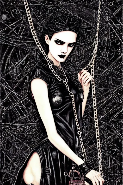 Image similar to dreamy gothic girl, black leather slim clothes, chains, factory tools, dark details, detailed acrylic, grunge, intricate complexity, by dan mumford and by alberto giacometti, peter lindbergh