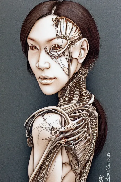 Prompt: portrait of beautiful biomechanical woman by takahashi rumiko, detailed, realistic skin color