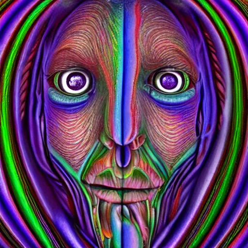 Image similar to hyperrealism realistic lsd detailed 3 d scary pyschedelic trippy nightmare face in the style of alex grey and pablo amaringo and david normal