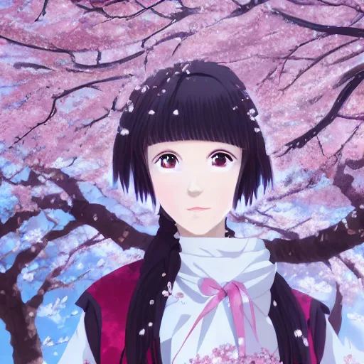 Image similar to portrait of the lone girl in a blizzard of cherry blossom petals, anime fantasy illustration by tomoyuki yamasaki, kyoto studio, madhouse, ufotable, trending on artstation