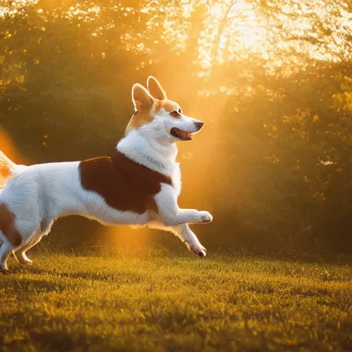 Image similar to Corgi riding a horse, natural lighting, realistic, sunbeams, golden hour, misty atmospherics